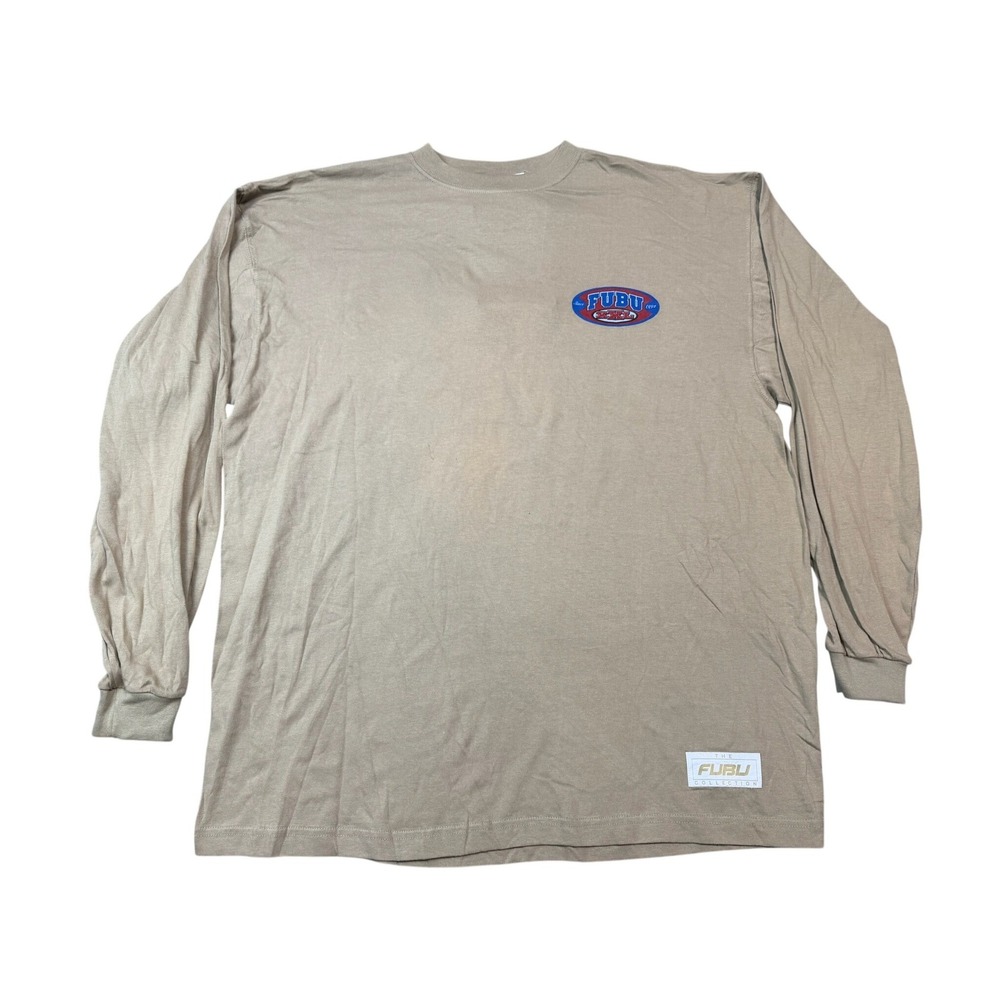 VTG FUBU The Collection Long Sleeve T Shirt Khaki XL Traditional Loose Fit Denim